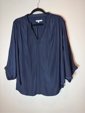 Chico’s Size 3 Navy Silky Dolman Sleeve Blouse Boho Peasant Split Neck